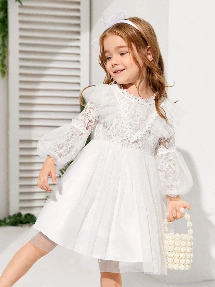 Toddler Girls Contrast Lace Lantern Sleeve Mesh Dress