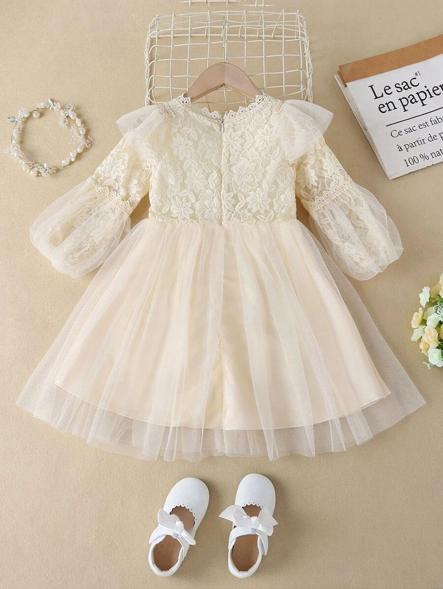 Toddler Girls Contrast Lace Lantern Sleeve Mesh Dress