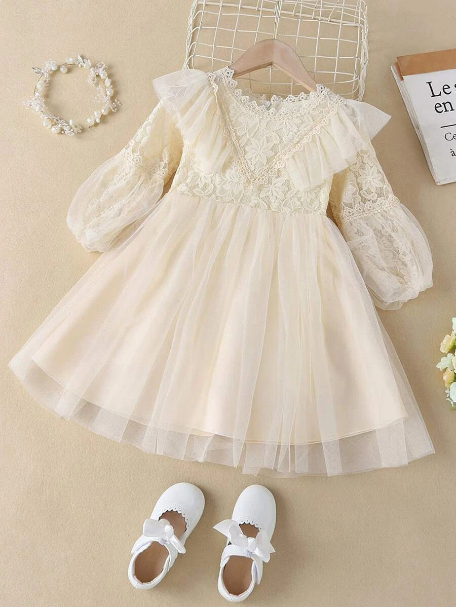 Toddler Girls Contrast Lace Lantern Sleeve Mesh Dress