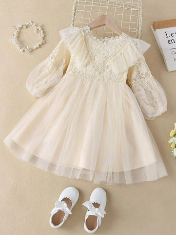 Toddler Girls Contrast Lace Lantern Sleeve Mesh Dress