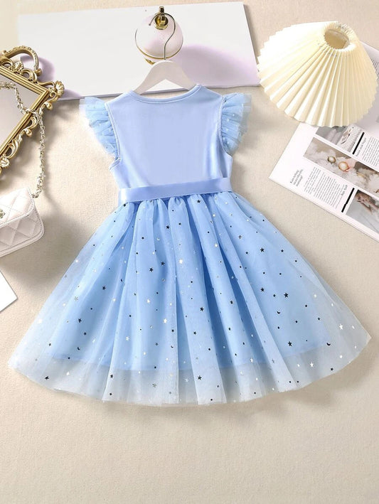 Toddler Girls Star Mesh Ruffle Trim Belted Dress