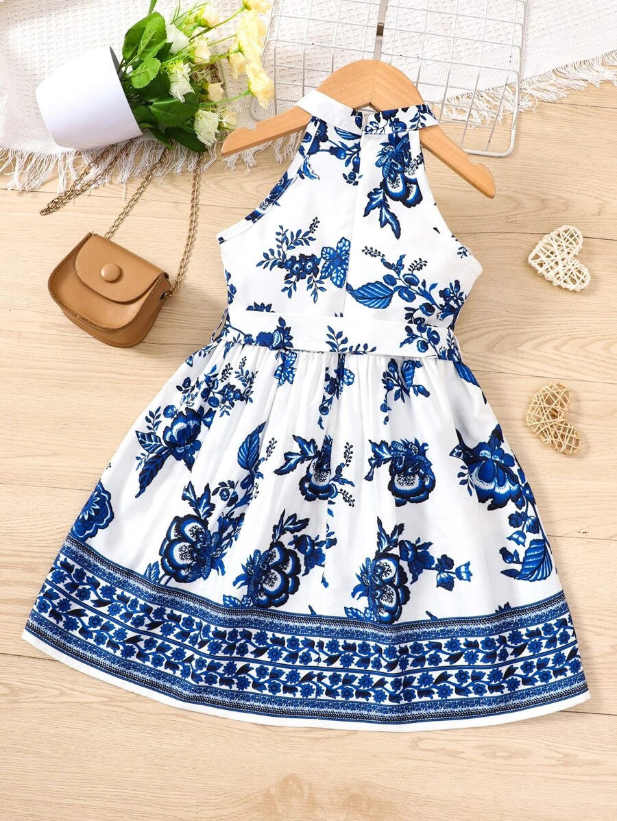 Toddler Girls Floral Print Belted Halter Dress