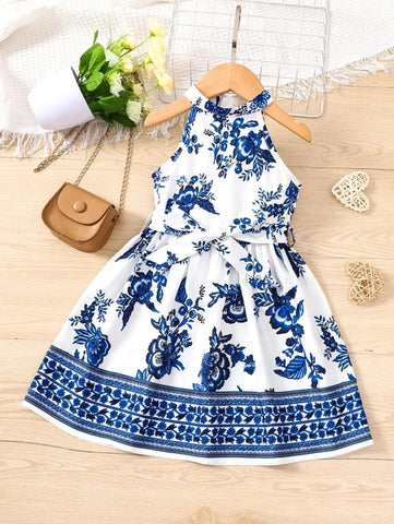 Toddler Girls Floral Print Belted Halter Dress