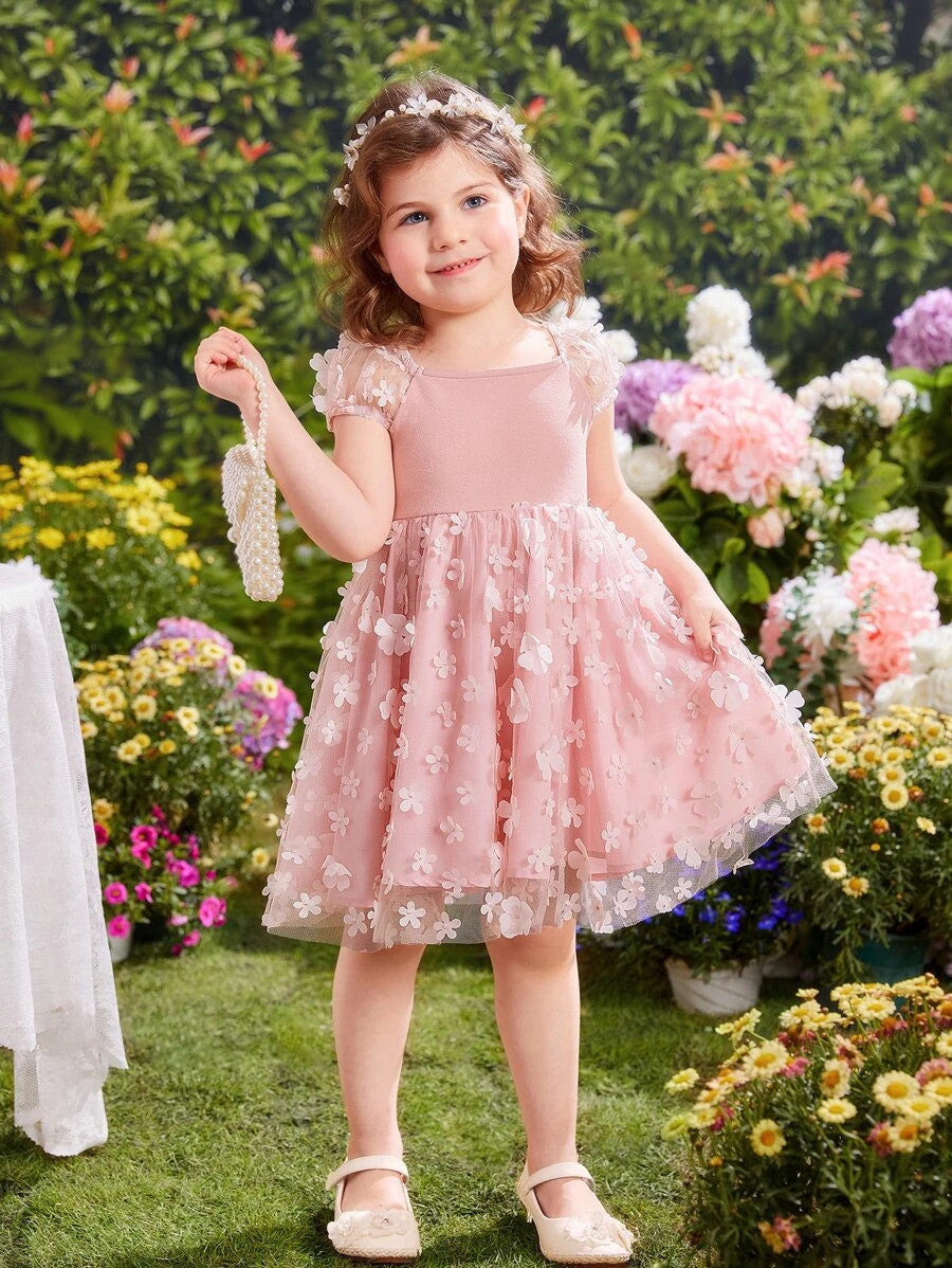 Toddler Girls Appliques Mesh Overlay Dress