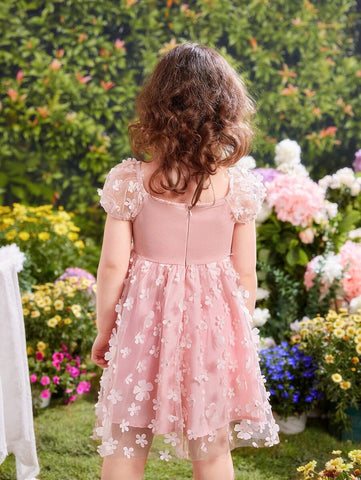 Toddler Girls Appliques Mesh Overlay Dress