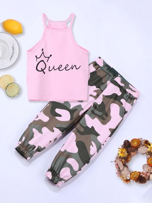 Toddler Girls Letter Graphic Cami Top With Camo Pants