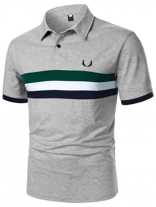 Men Block Striped Antler Embroidery Polo Shirt