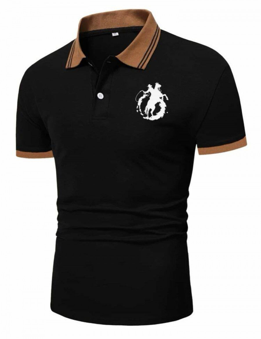 Men Horse & Figure Graphic Contrast Collar Polo Shirt