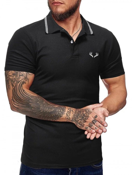 Men Antler Print Striped Trim Polo Shirt