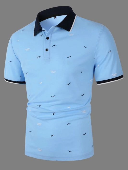 Men Bird & Letter Graphic Contrast Collar Polo Shirt