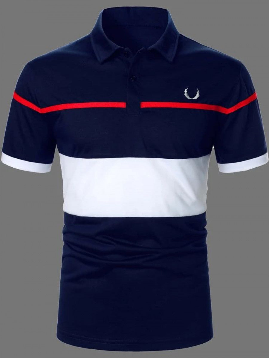 Men Antler Embroidered Contrast Tape Colorblock Polo Shirt