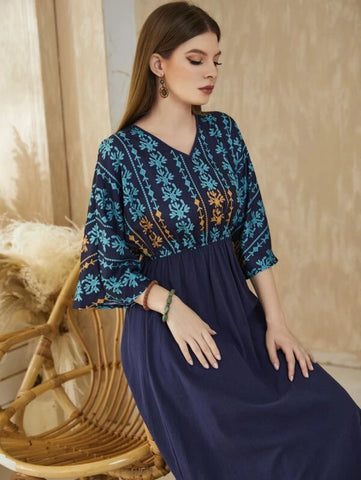 Plant Print Dolman Sleeve Dress Without Belt