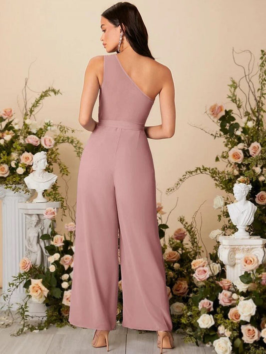 One Shoulder Ruched Wide Leg Belted Jumpsuit