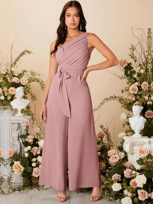 One Shoulder Ruched Wide Leg Belted Jumpsuit