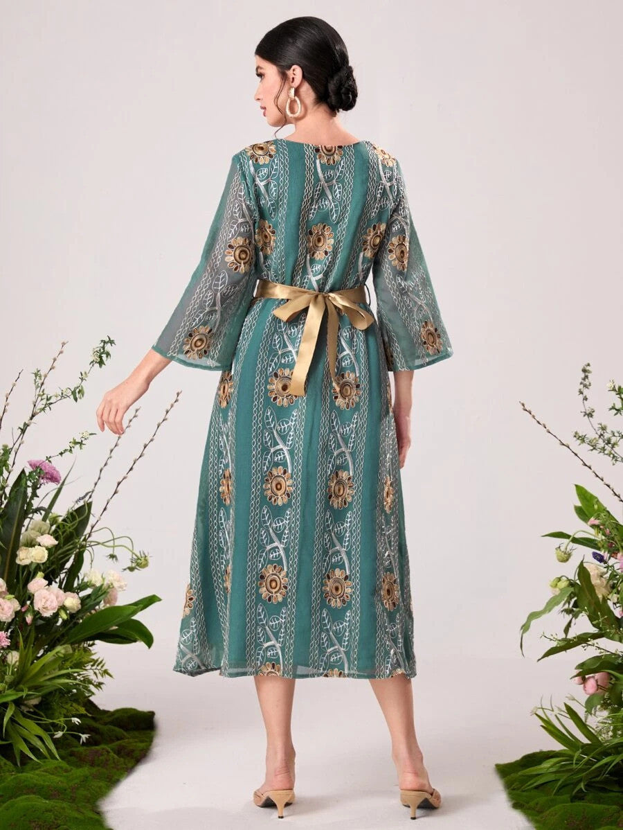 Najma Chain & Floral Print Belted Dress