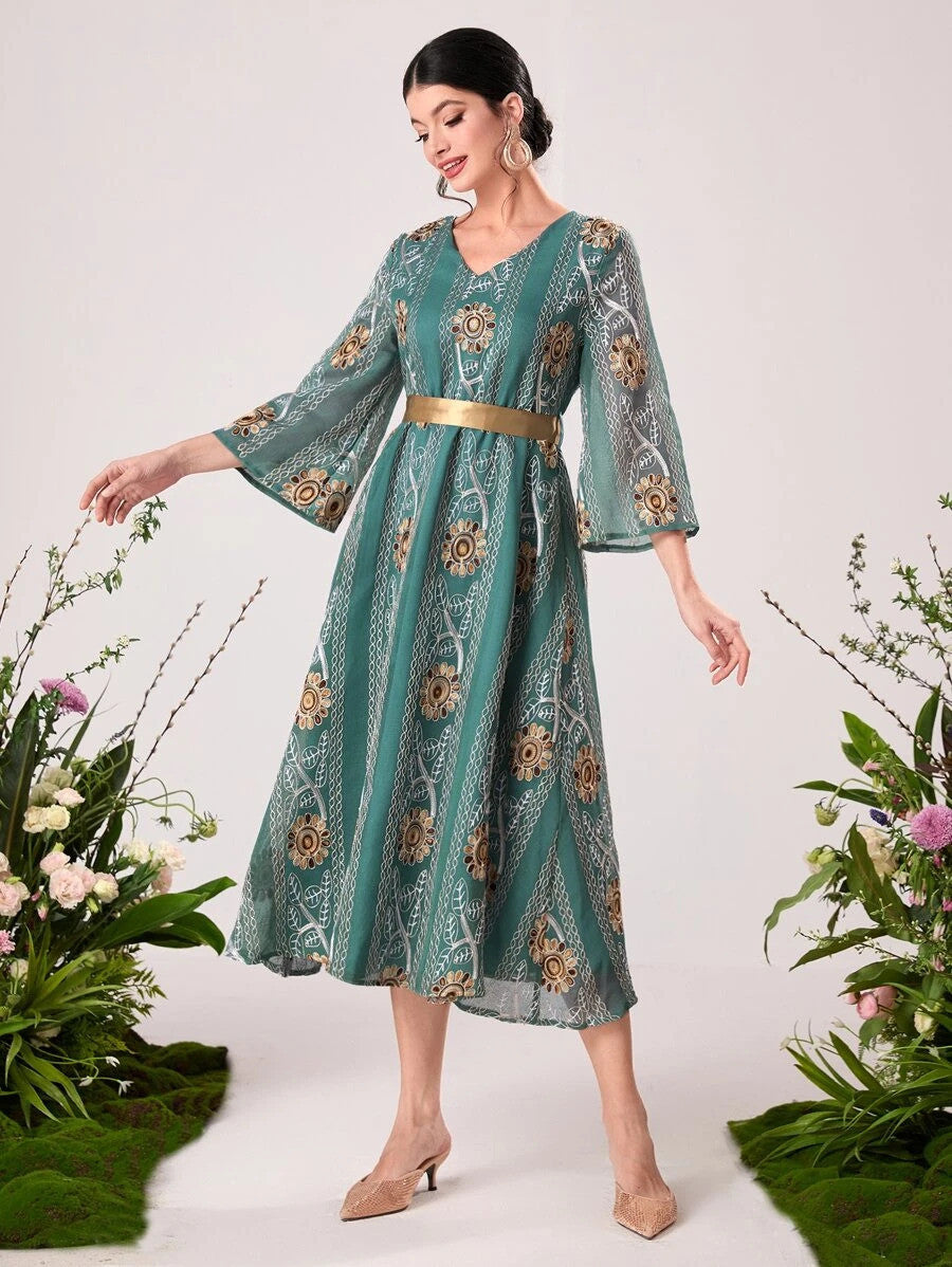 Najma Chain & Floral Print Belted Dress