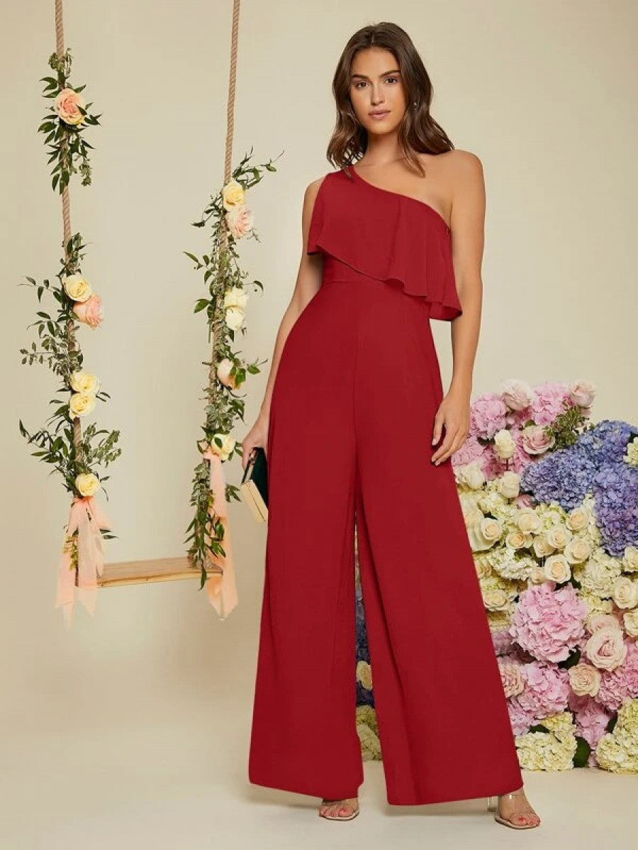 One Shoulder Ruffle Trim Wide Leg Jumpsuit