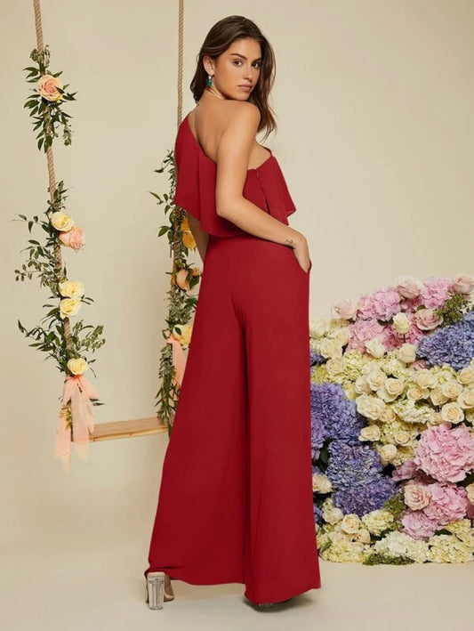 One Shoulder Ruffle Trim Wide Leg Jumpsuit