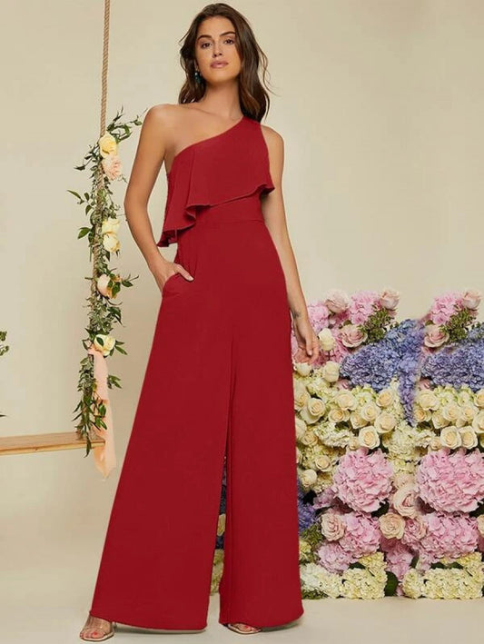 One Shoulder Ruffle Trim Wide Leg Jumpsuit