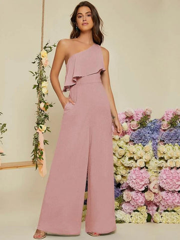 One Shoulder Ruffle Trim Wide Leg Jumpsuit