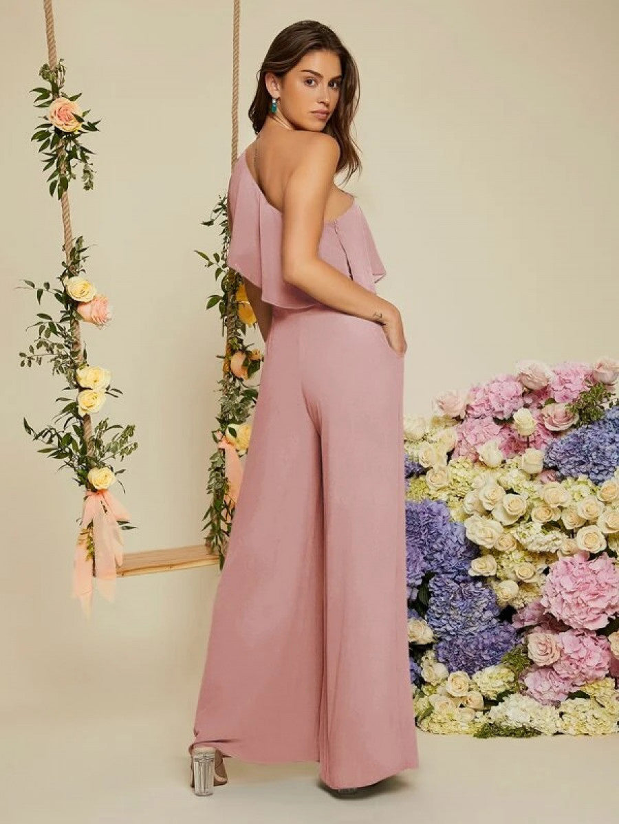 One Shoulder Ruffle Trim Wide Leg Jumpsuit