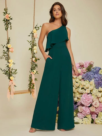 One Shoulder Ruffle Trim Wide Leg Jumpsuit