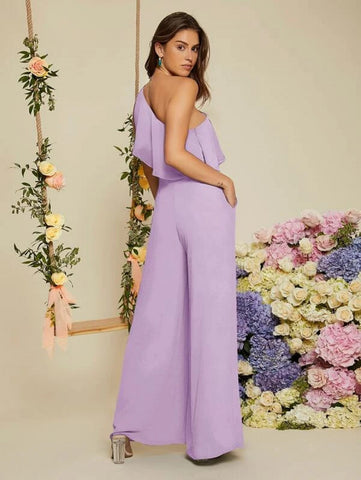 One Shoulder Ruffle Trim Wide Leg Jumpsuit