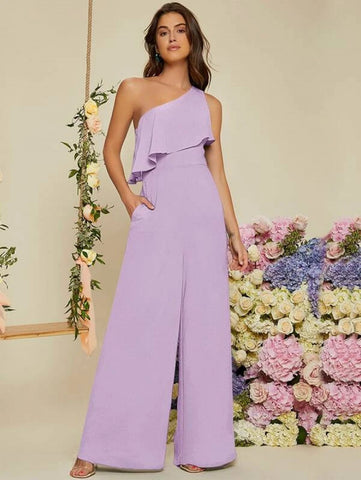 One Shoulder Ruffle Trim Wide Leg Jumpsuit