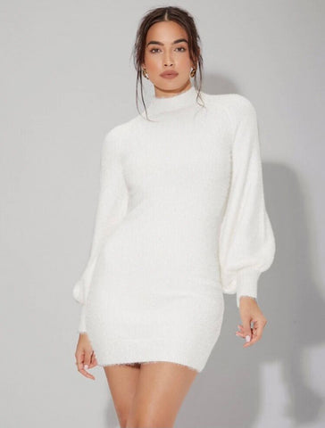 Mock Neck Bishop Sleeve Fuzzy Sweater Dress