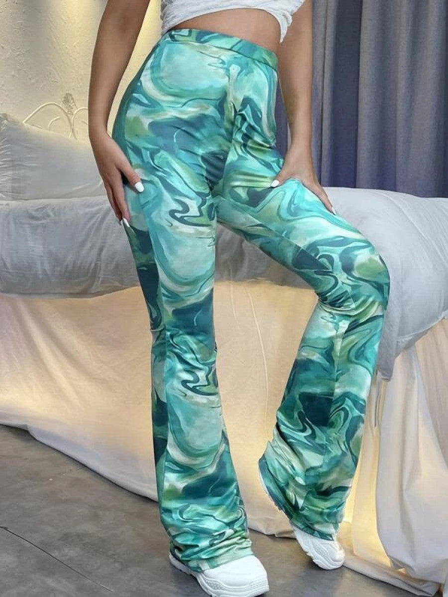 Marbled Print Flare Leg Pants