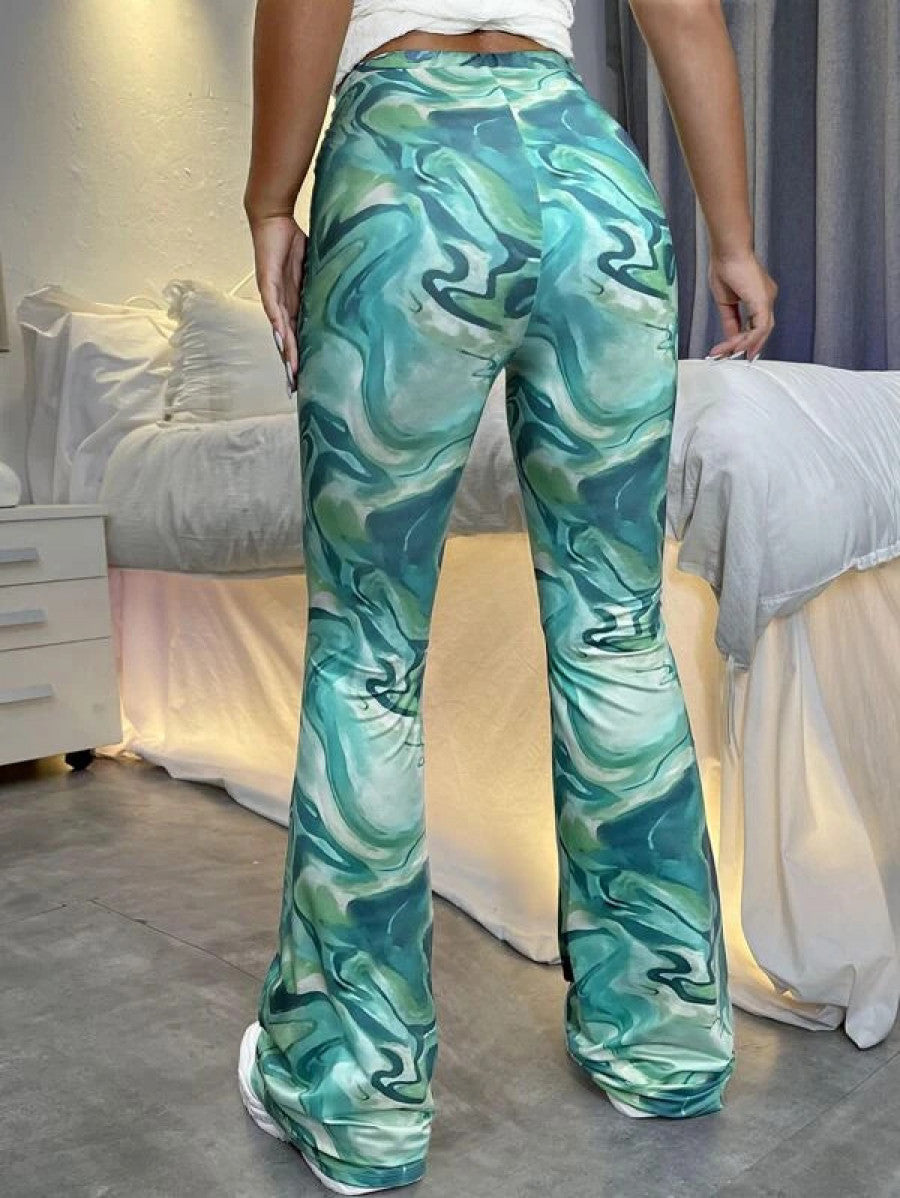 Marbled Print Flare Leg Pants