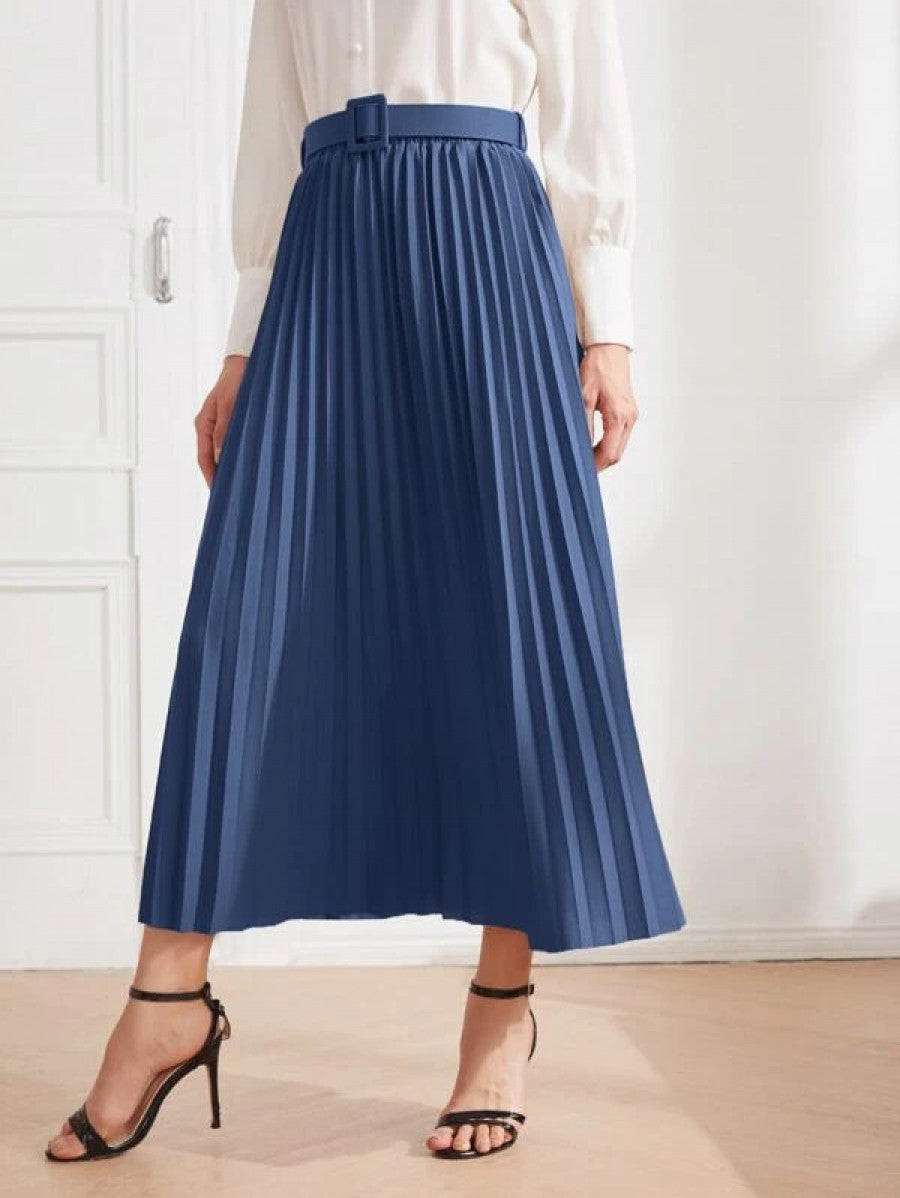 Solid Belted Pleated Skirt