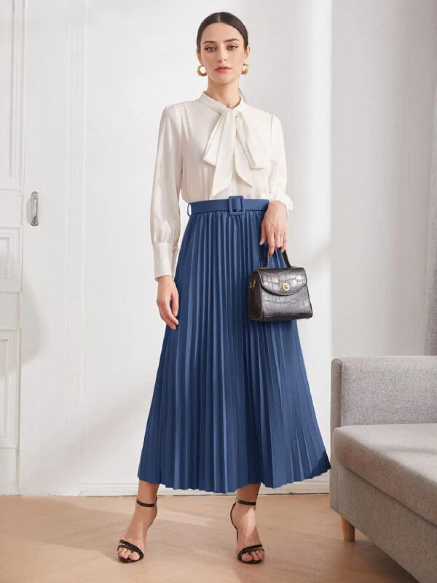 Solid Belted Pleated Skirt