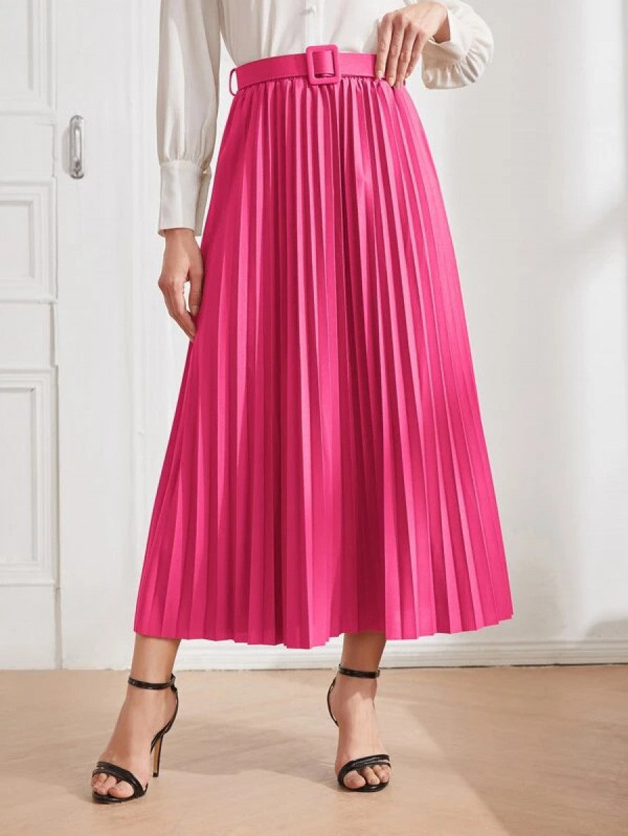 Solid Belted Pleated Skirt