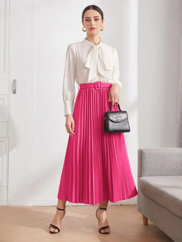 Solid Belted Pleated Skirt