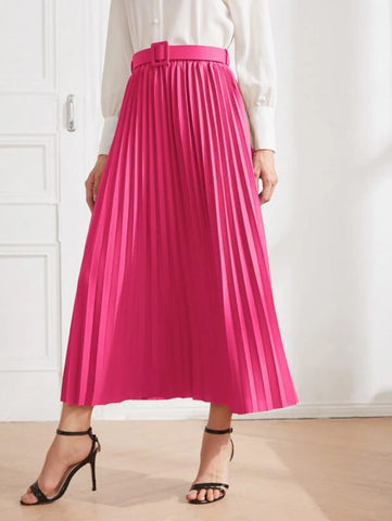 Solid Belted Pleated Skirt