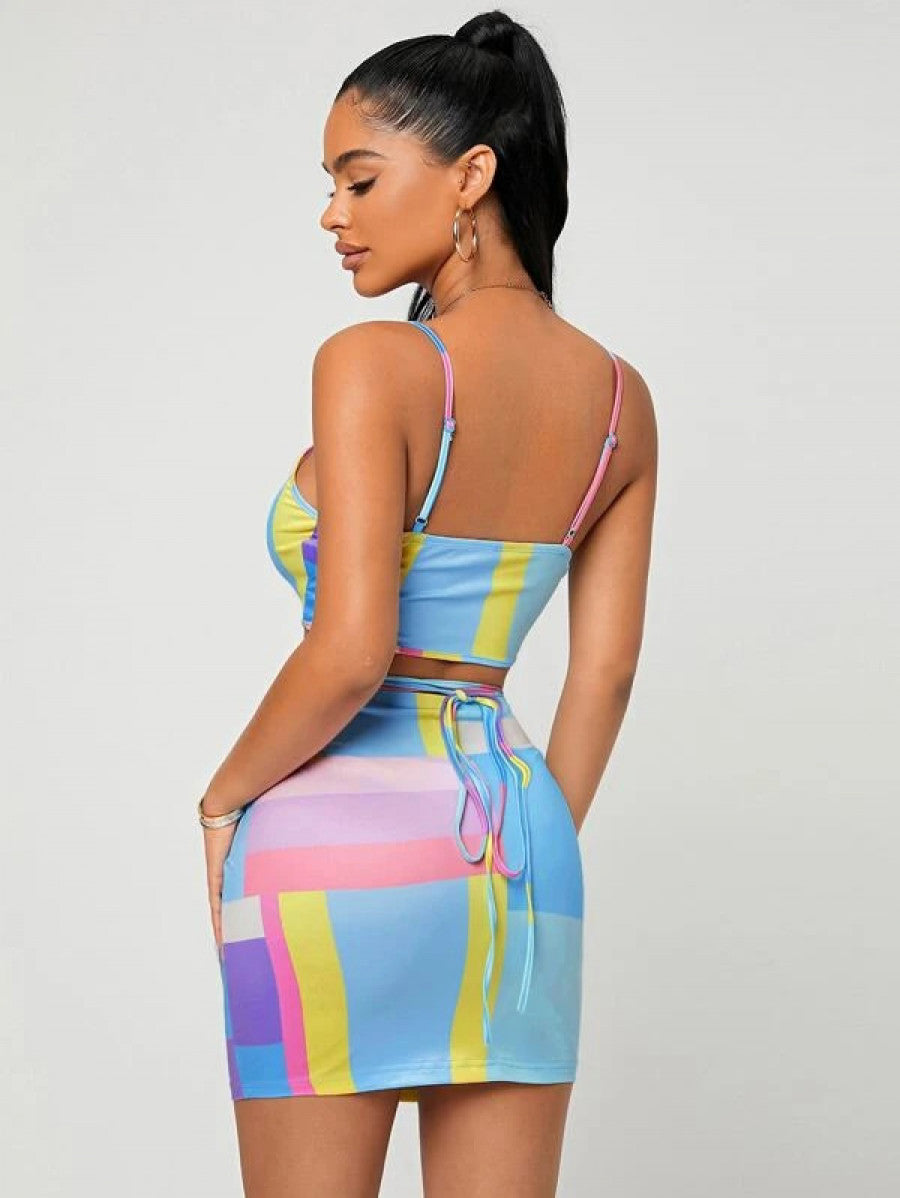 SXY Color Block Cut Out Front Crisscross Tie Back Cami Top & Bodycon Skirt