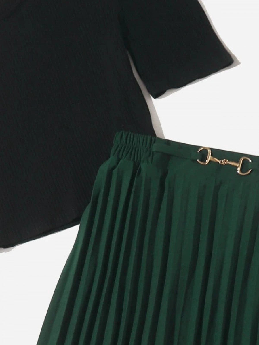 Solid Rib Knit Crop Tee & Pleated Skirt