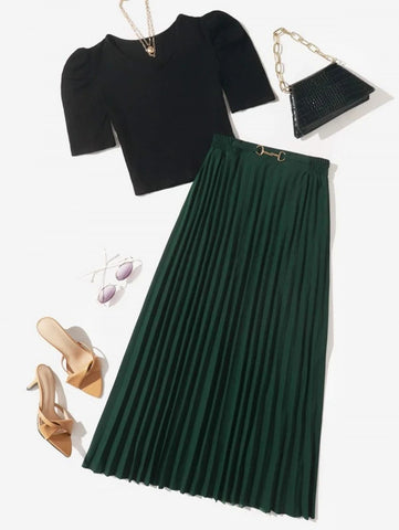 Solid Rib Knit Crop Tee & Pleated Skirt