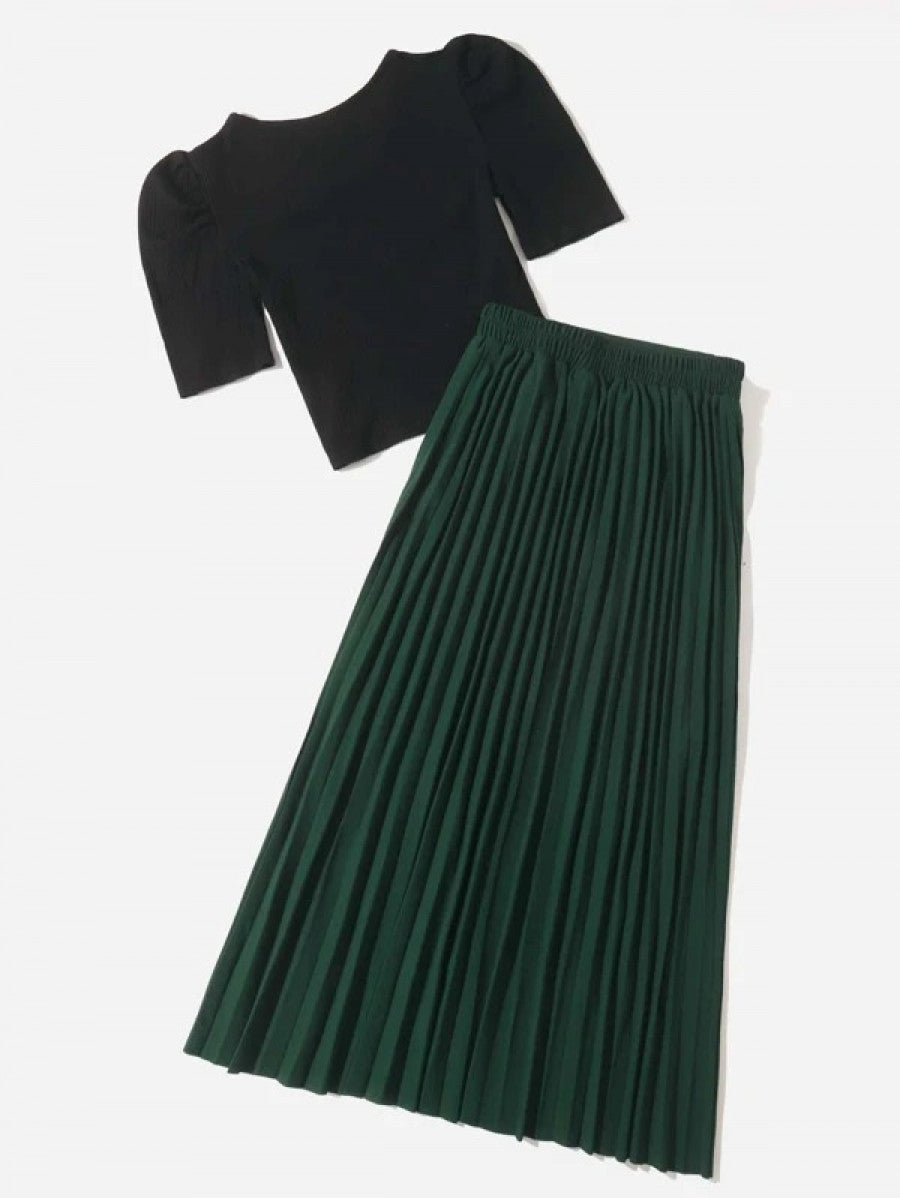 Solid Rib Knit Crop Tee & Pleated Skirt