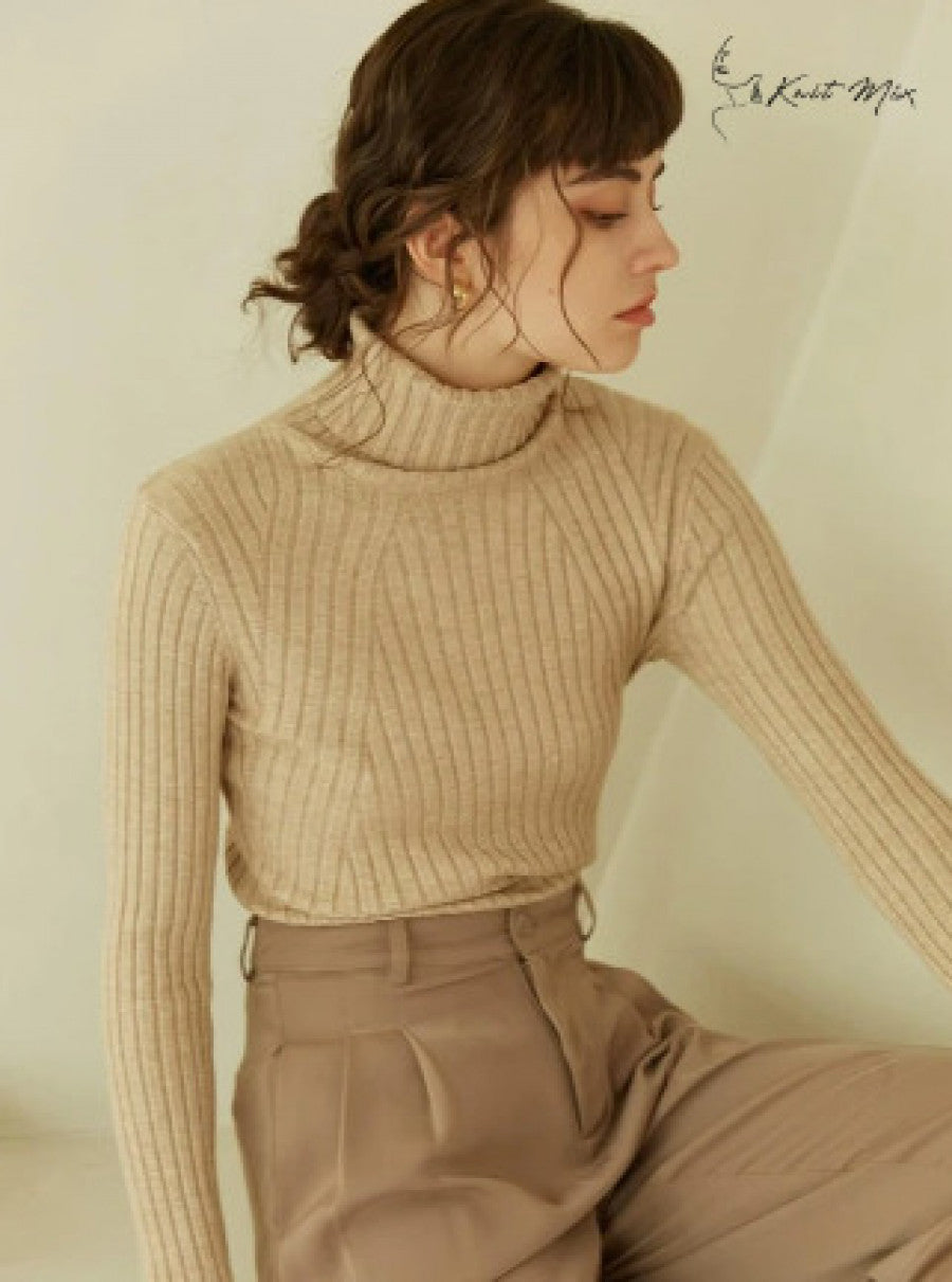 Knit Mix High Neck Ribbed Knit Sweater