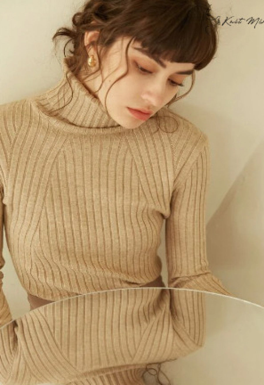 Knit Mix High Neck Ribbed Knit Sweater