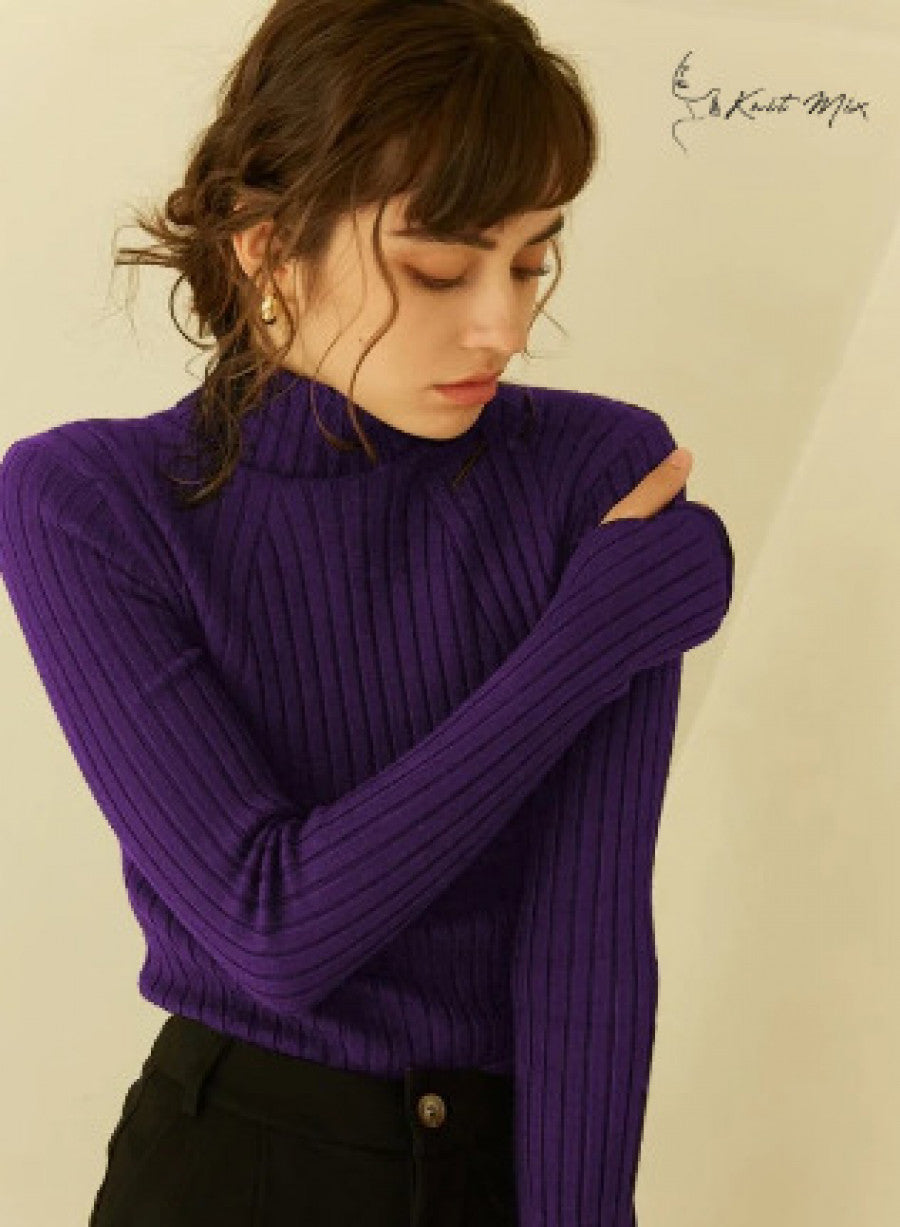 Knit Mix High Neck Ribbed Knit Sweater