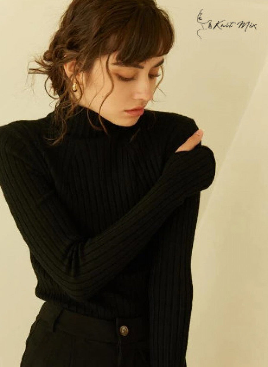 Knit Mix High Neck Ribbed Knit Sweater