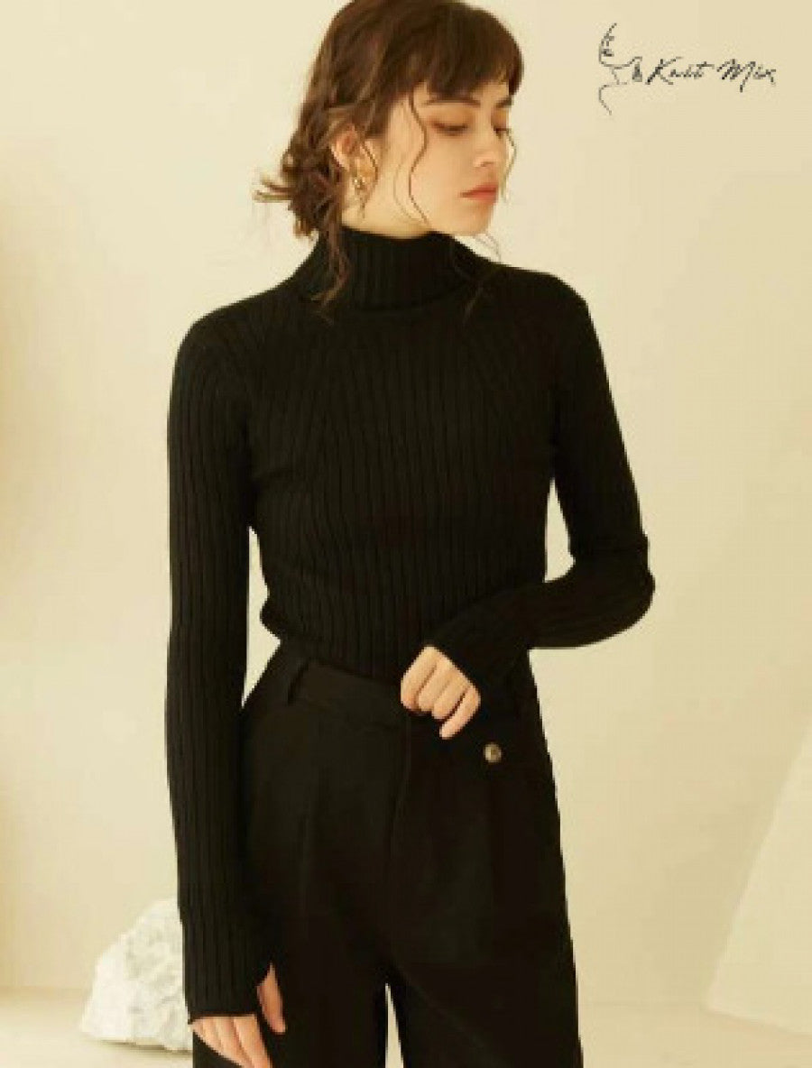 Knit Mix High Neck Ribbed Knit Sweater