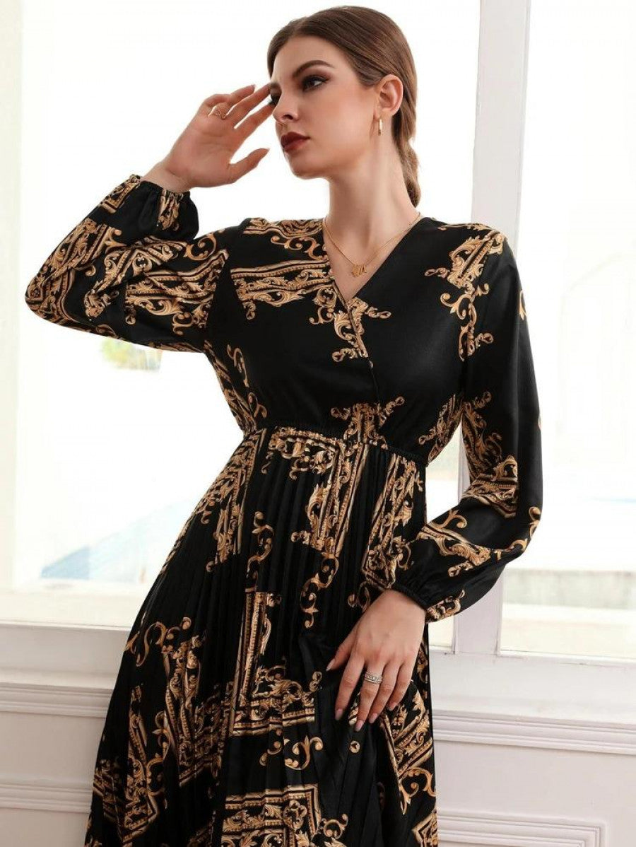 Baroque Scarf Print Lantern Sleeve Pleated Dress