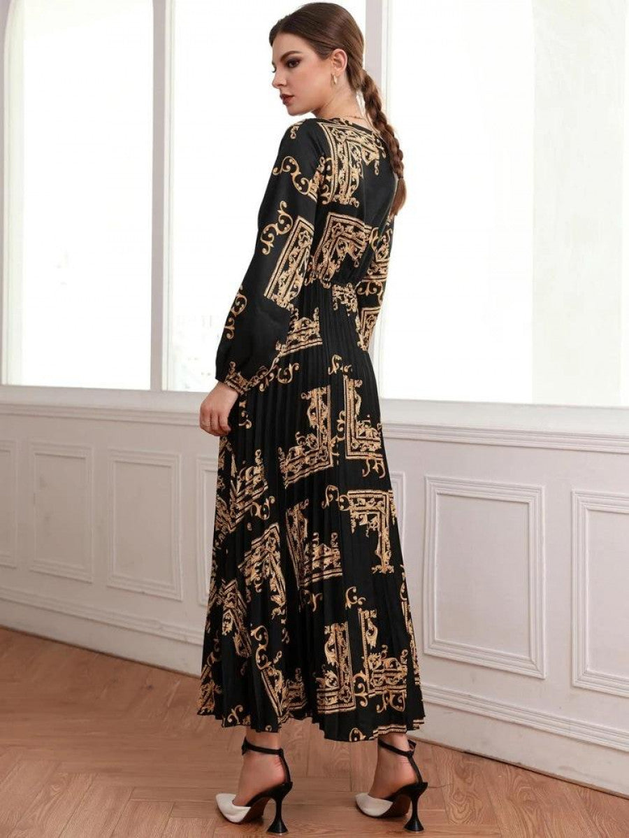 Baroque Scarf Print Lantern Sleeve Pleated Dress