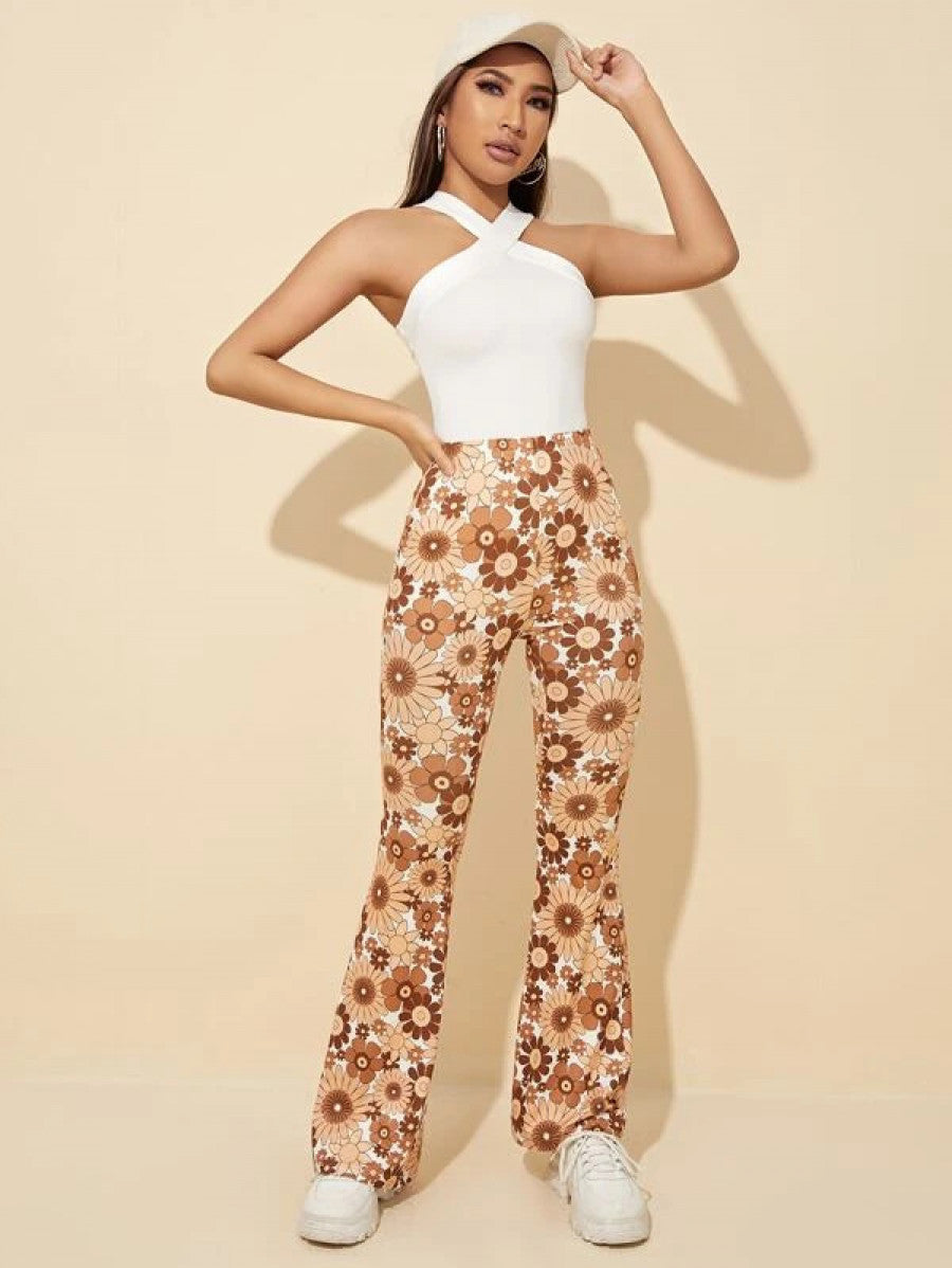 PETITE Floral Print High Waist Flare Leg Pants