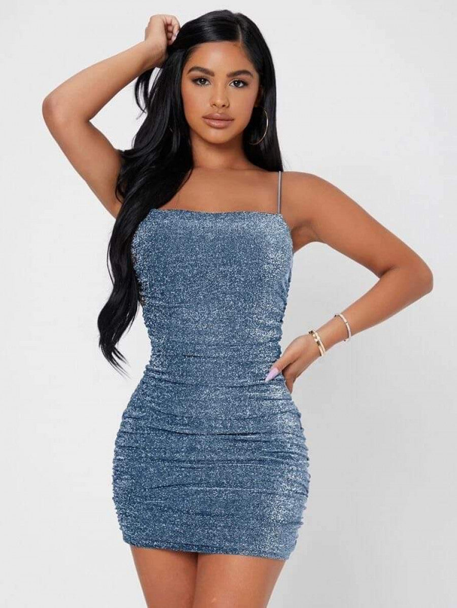 PETITE Backless Ruched Glitter Bodycon Dress