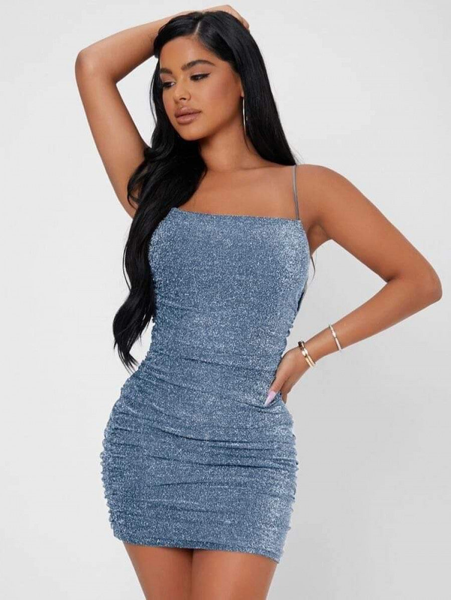 PETITE Backless Ruched Glitter Bodycon Dress